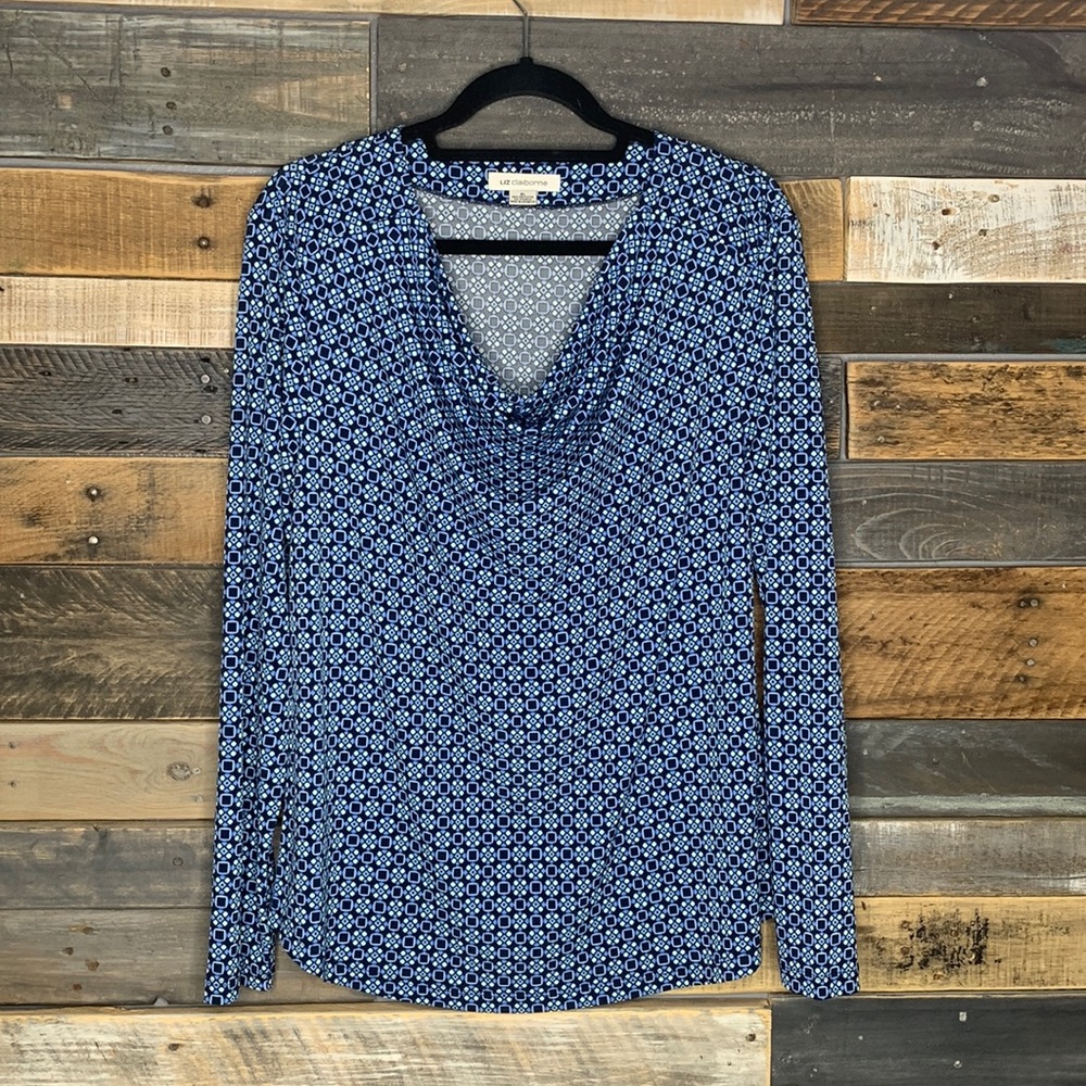 Liz Claiborne | Women’s XL drooped neck | black and blue patterned blouse |